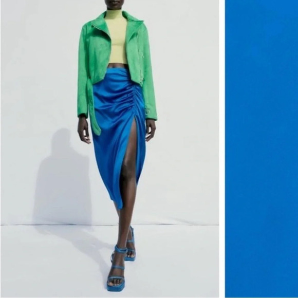 NWT Zara Satin Effect Ruched High Waist Slit Midi Skirt Cobalt Blue - Picture 1 of 9